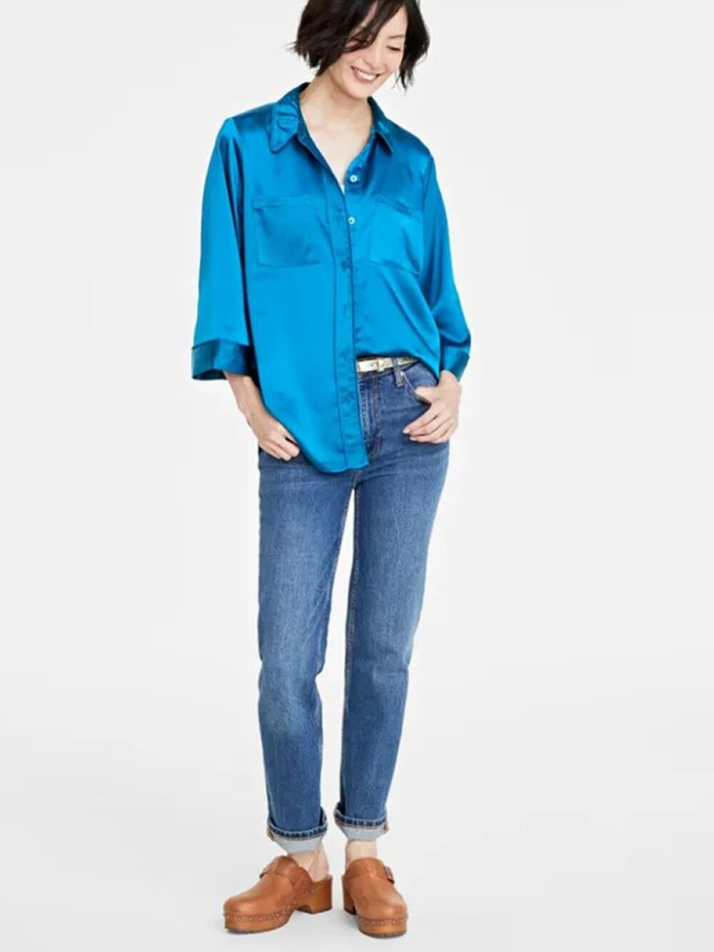On 34th Satin Pajama Style Button Down Top and Matching Wide Leg Pants Set